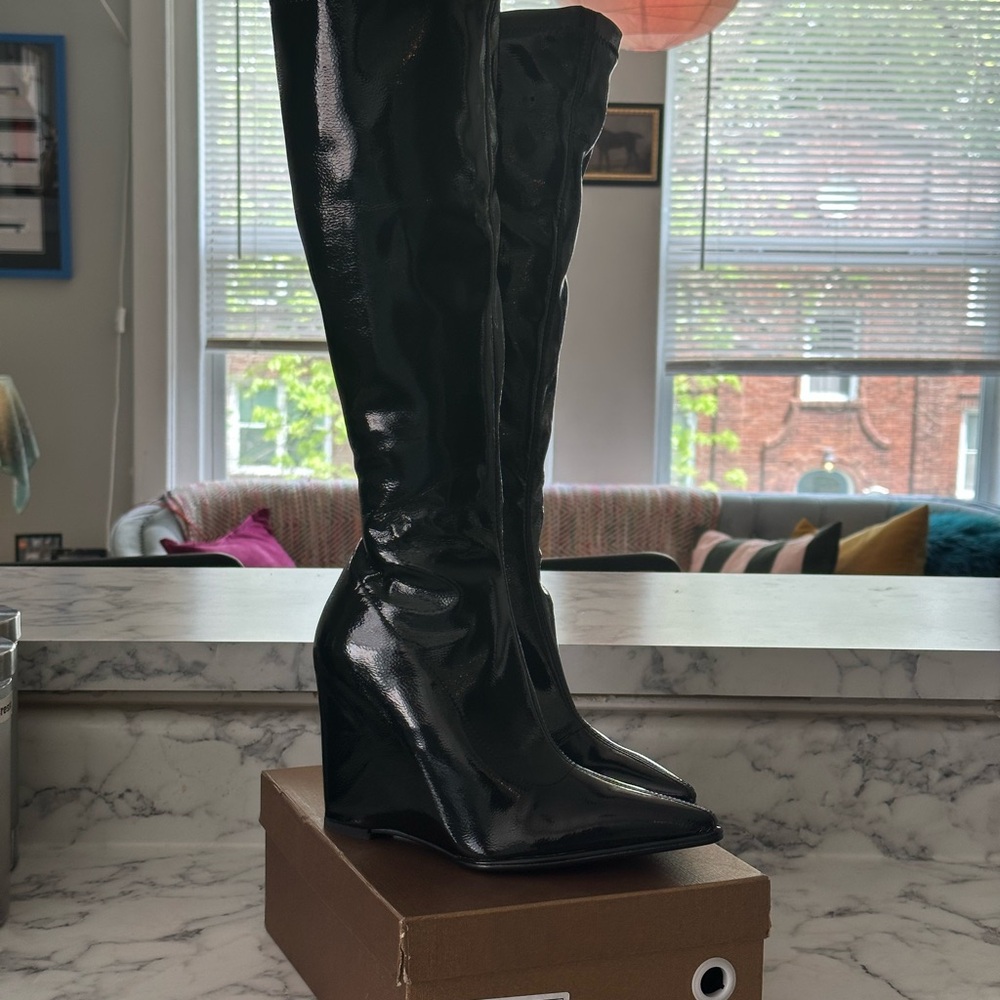 Patent Leather Knee High Wedge Boots